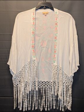 Takara White Crochet Fringe Kimono Coverup with Neon Orange & Green Trim